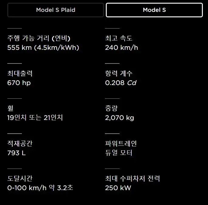 테슬라 모델 s 제원표